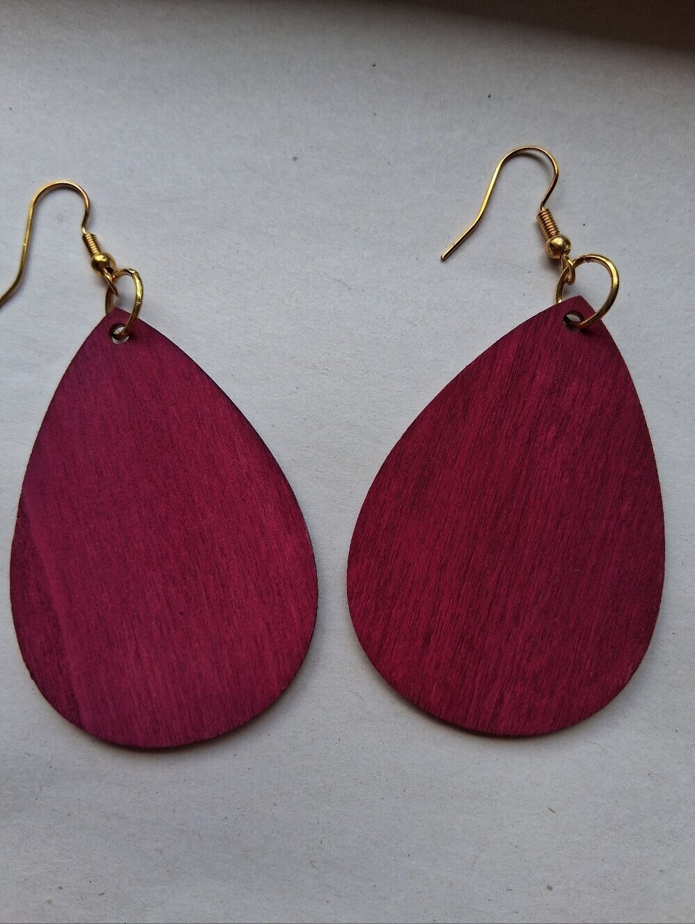 Hand Crafted Burgundy Teardrop Wood Dangle Earrings